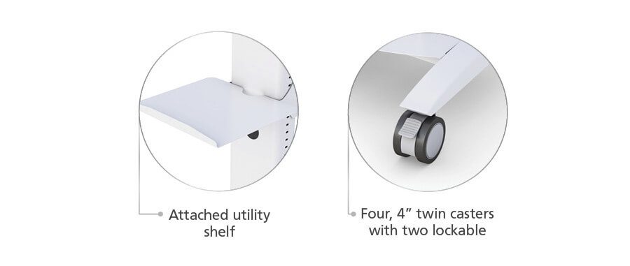 Utility shelf and lockable twin casters on Mobile Video Conferencing Cart for Logitech Rally Bar Huddle + TAP IP