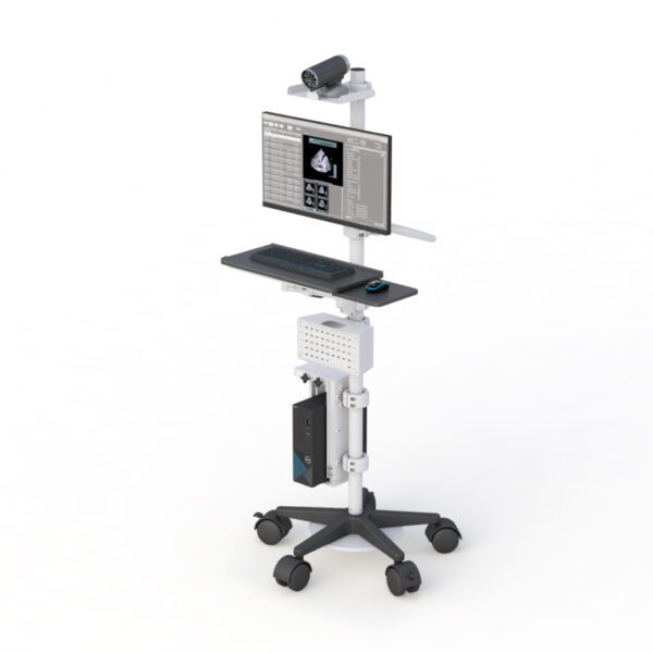 Height-adjustable mobile medical pole cart with monitor mount, retractable keyboard tray, CPU holder, and casters.