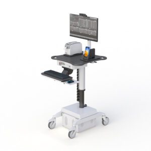 Mobile point of care medical computer cart with Zebra printer mount and keyboard tray