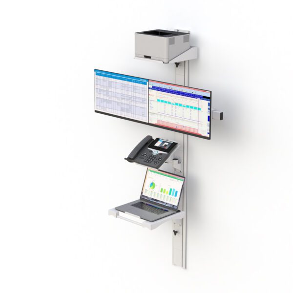 Wall-mounted dual monitor workstation with adjustable arms, keyboard tray, and vertical track system.