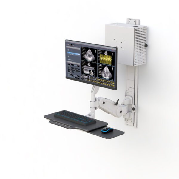 Wall‑track mounted articulating computer workstation with adjustable monitor, keyboard tray, CPU mount, and Z‑arm.
