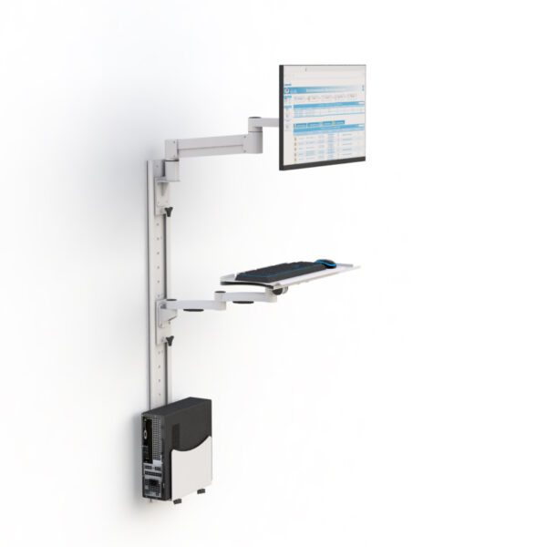 Side view showing monitor arm extended on horizontal track with slide-out keyboard tray and CPU mount.