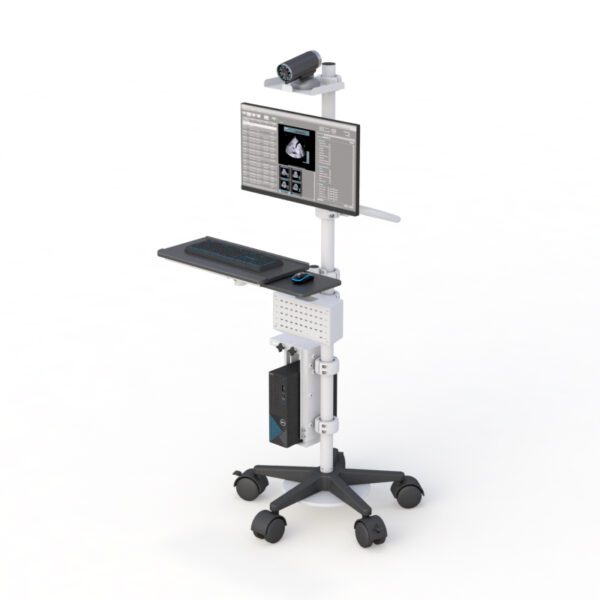 Side view of the pole cart showing fully extended keyboard tray, utility shelf, and adjustable monitor arm.