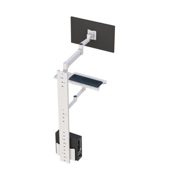 Front perspective highlighting ergonomic keyboard tray beneath flatscreen, with sliding track mount.