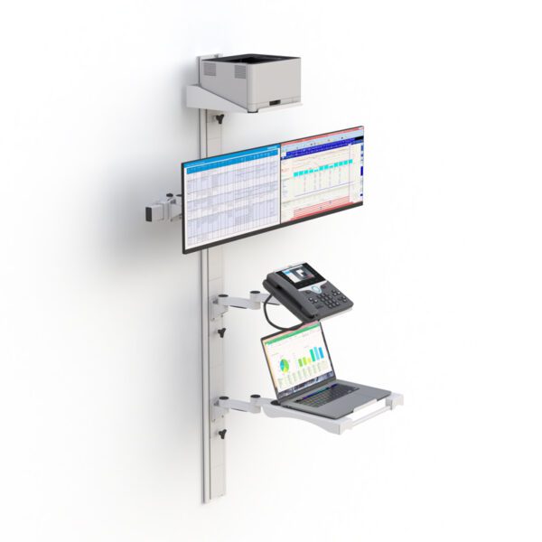 Close-up of adjustable monitor arms mounted on vertical wall track with cable management