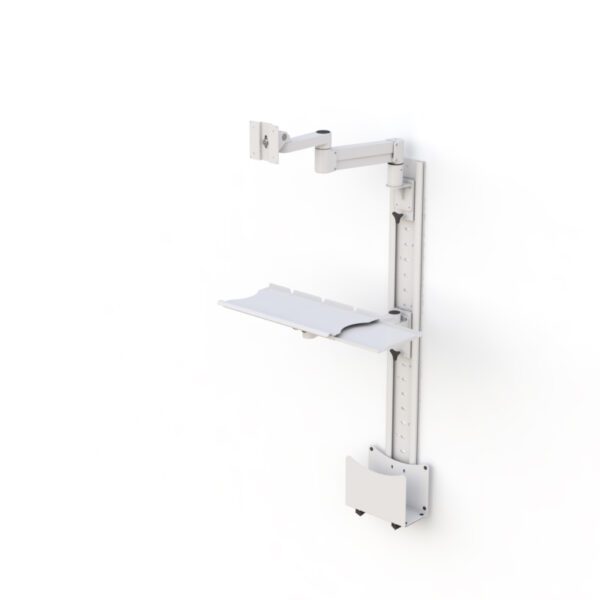 Close-up detail of sliding track mechanism, articulating arm joints, and integrated cable channel.