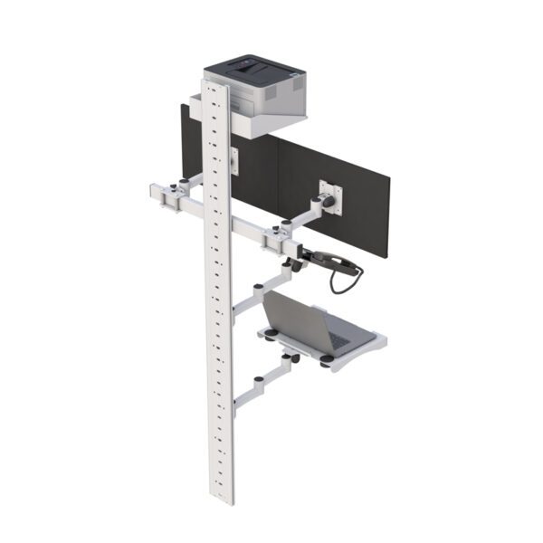 Side profile of workstation highlighting keyboard tray tilt and monitor articulation