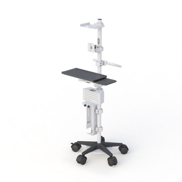 Detail image featuring wire management box, CPU holder, and pneumatic height-adjustment pole.