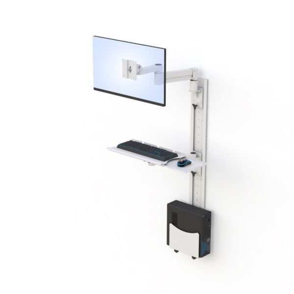 Angled shot featuring compact workstation in workspace, tray folded and monitor positioned for use.