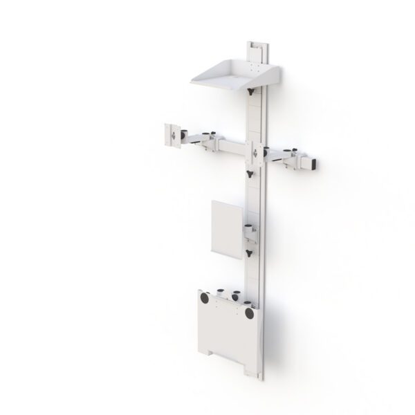 Dual monitor workstation installed in clinical setting demonstrating space-saving wall track system