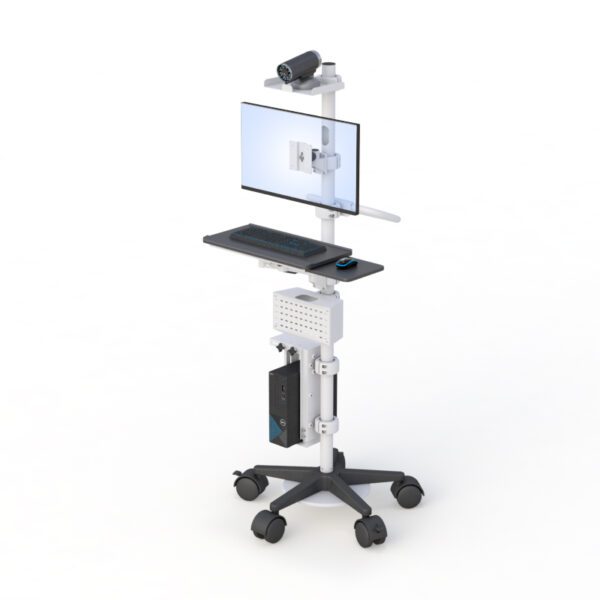 Installed in clinical setting with dual drawers open, showing storage and workspace mobility.