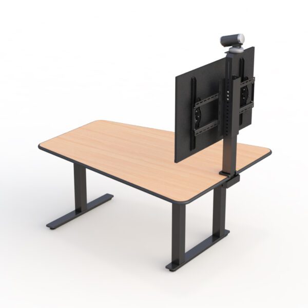 Omnivision adjustable meeting table in sit-stand position with mounted display