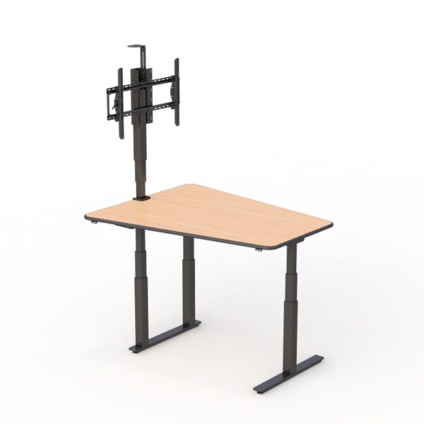 Modern office setup with Omnivision adjustable huddle table and large monitor