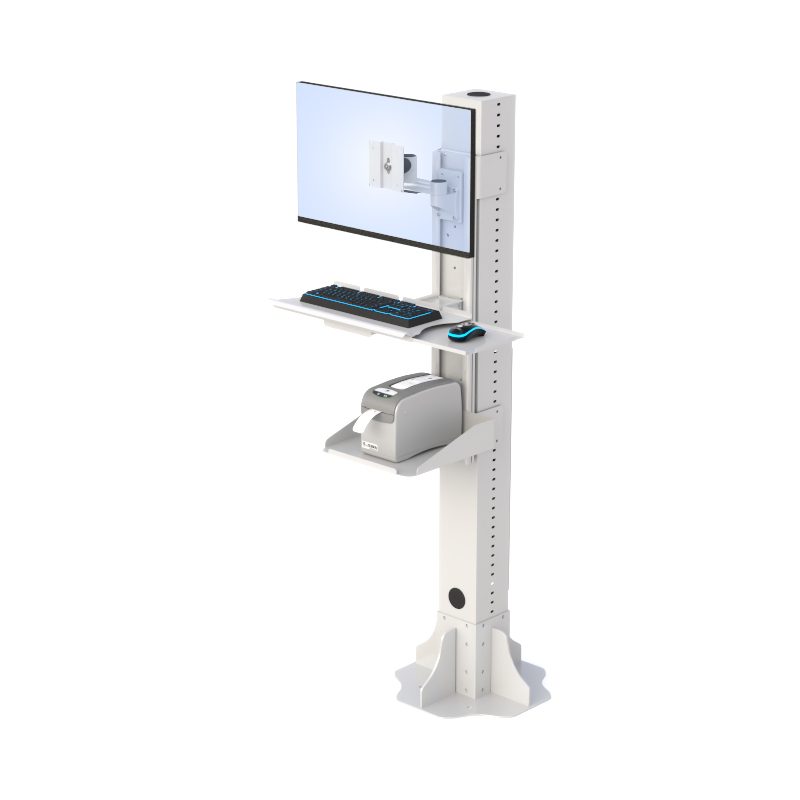 Industrial Floor Post with Printer Shelf & Extendable Keyboard Arm – Gray Finish - Image 4