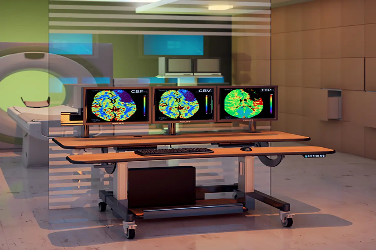 Height-adjustable radiology workstation desks for radiology imaging workstations