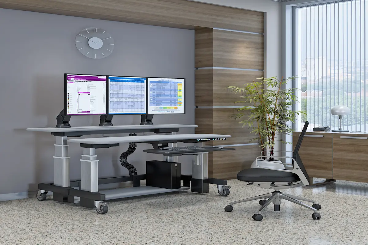 Modern ergonomic office workspace solutions with adjustable desk and computer workstation