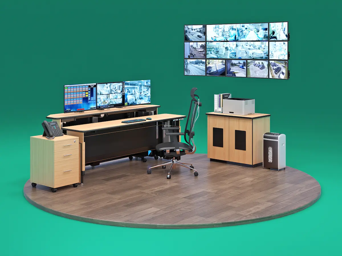 Ergonomic products with adjustable desk and monitor setup