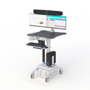Mobile Dual Monitor Telehealth Workstation with Webcam Mount and Battery Holder