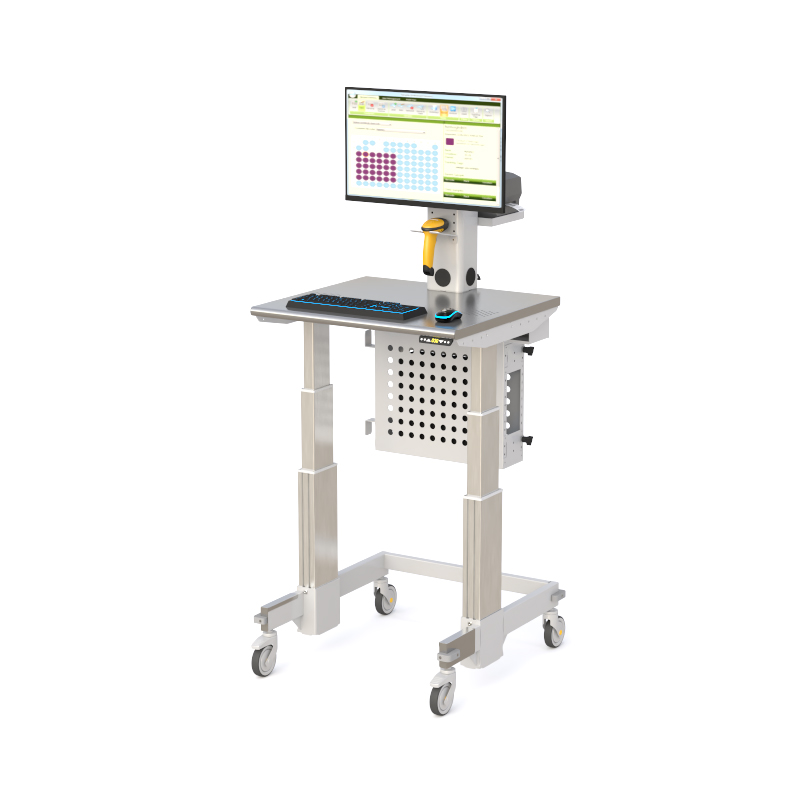 Adjustable-height computer cart with monitor arm, scanner mount, keyboard tray, and perforated CPU panel