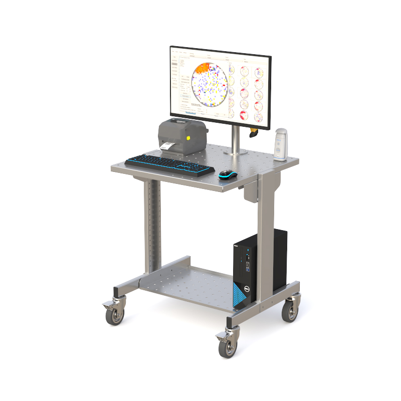 Mobile cart with monitor arm, label printer, keyboard tray, barcode scanner, and PC on lower shelf