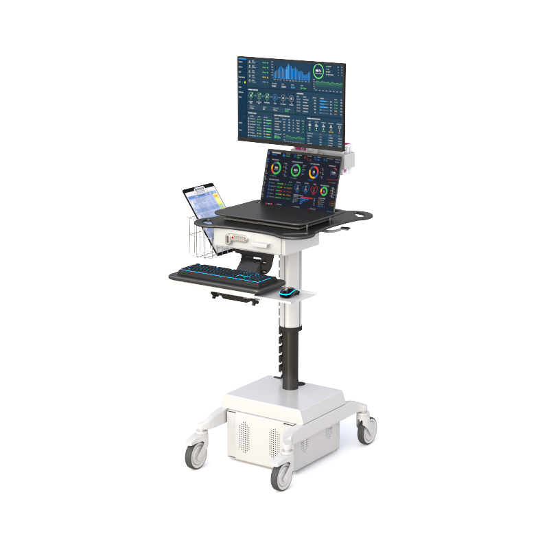 Height-adjustable point-of-care cart for the Dell Wyse 7040 with laptop tray and locking drawer