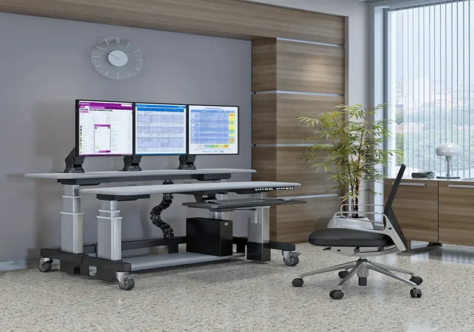Modern ergonomic office workspace solutions with adjustable desk and computer workstation