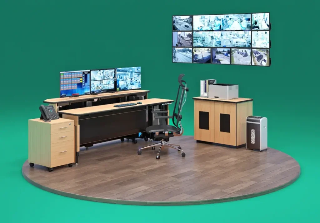 Ergonomic products with adjustable desk and monitor setup